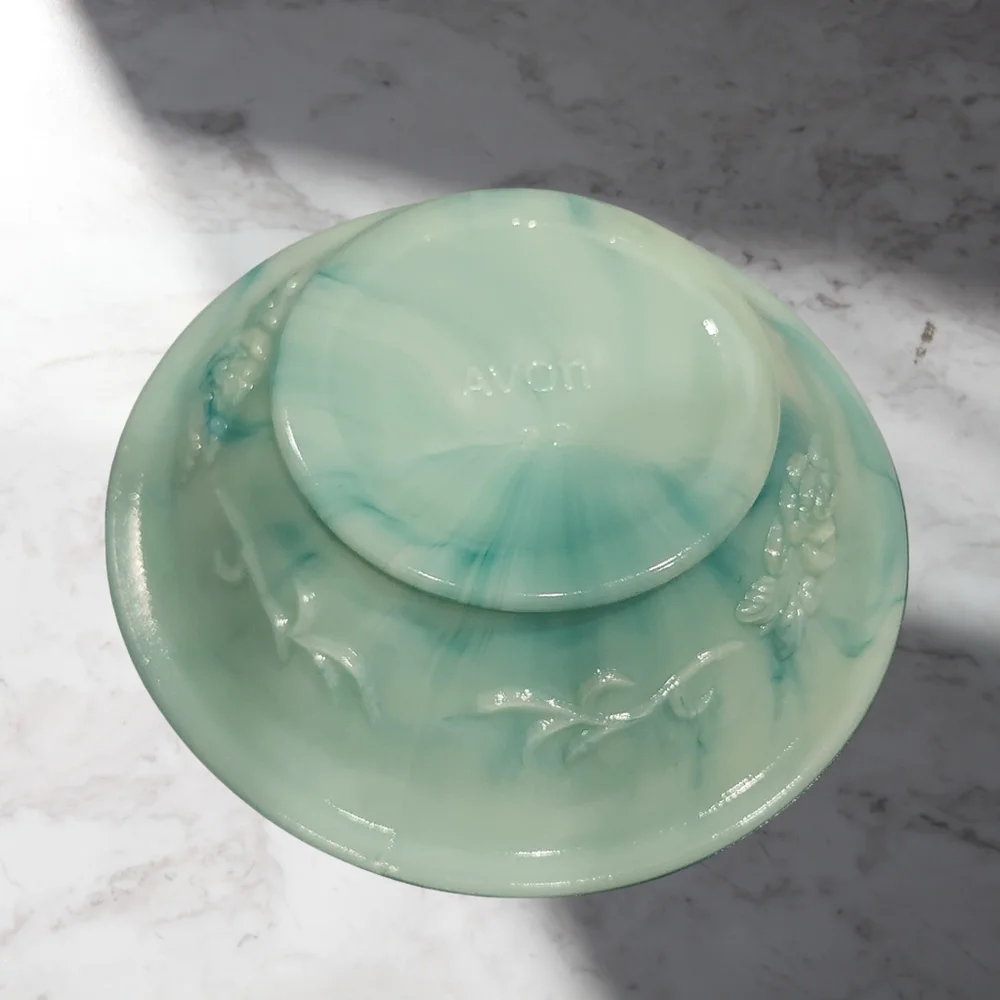 Vintage Avon Jadeite Green Swirl Milk Glass  Pitcher With Stopper and‎ Basin